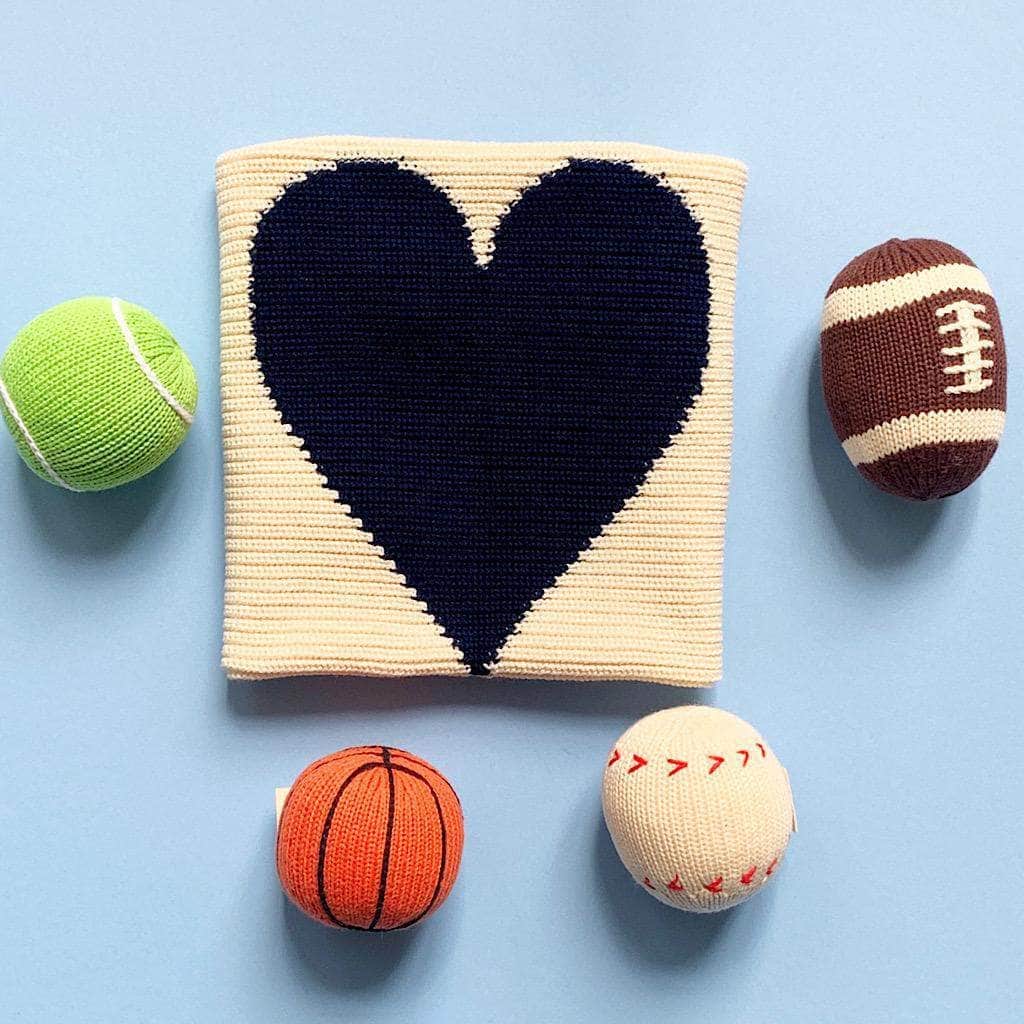 newborn sport lover gift set blue organic knit. Blue heart blanket, football rattle, baseball rattle, tennis ball rattle, basketball rattle.