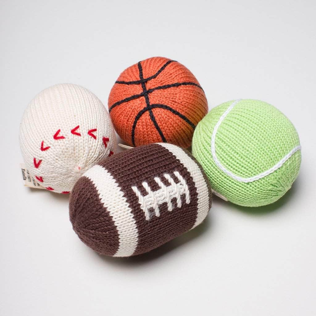 organic sport ball toy set. Basketball, baseball, tennis ball, football rattle. 