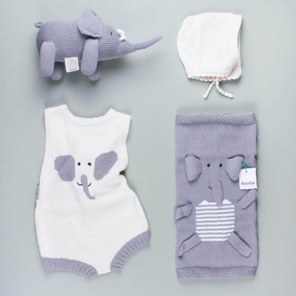 organic elephant baby gift set. Elephant blanket, elephant rattle, bonnet hat, sleeveless elephant romper. 