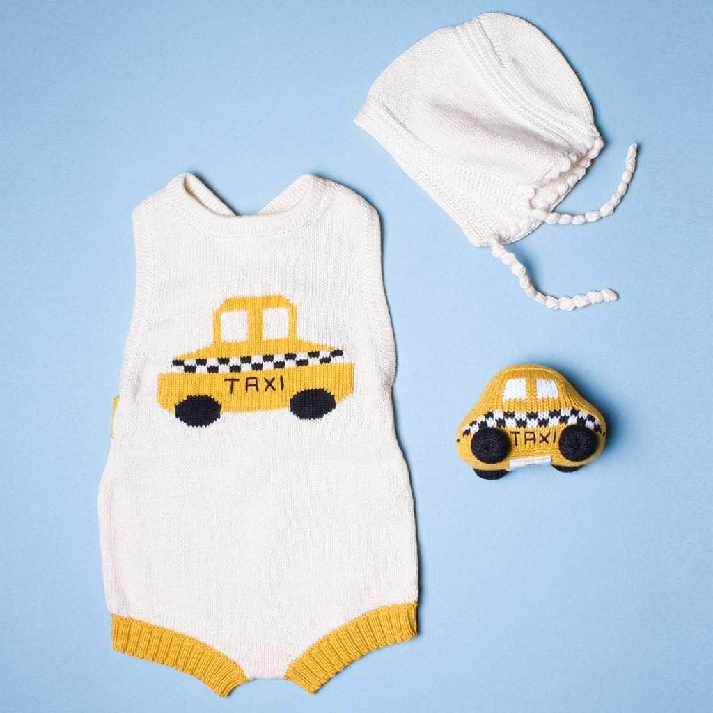 Organic Cotton Baby Gift Set - Handmade Romper, Bonnet Hat and Handmade Taxi Rattle