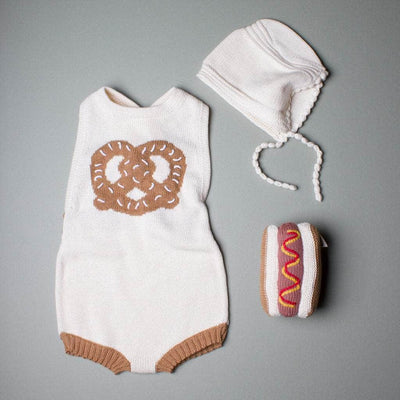 Organic Baby Gift Set - Hand Knit Pretzel Romper, Bonnet Rattle Toy - {{variant_option_1}}