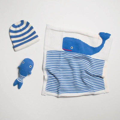 Whale Baby Gift Set - baby organic whale rattle, blanket & hat