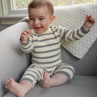 organic grey stripes romper long sleeve. Baby wearing long sleeve romper.