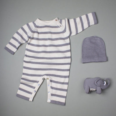 Organic Baby Gift Set - Handmade Newborn Long Romper, Hat & Rattle Toy | Elephant - {{variant_option_1}}