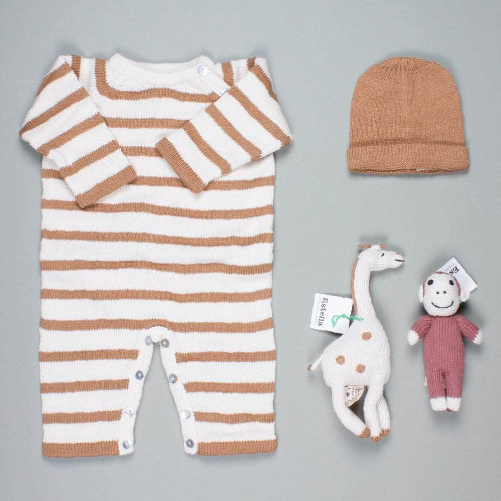 organic animal baby gift set. Long sleeve brown stripe romper, brown hat, giraffe baby rattle, monkey baby rattle.
