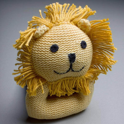 organic baby rattle lion toy. Yellow and gold with black eyes.