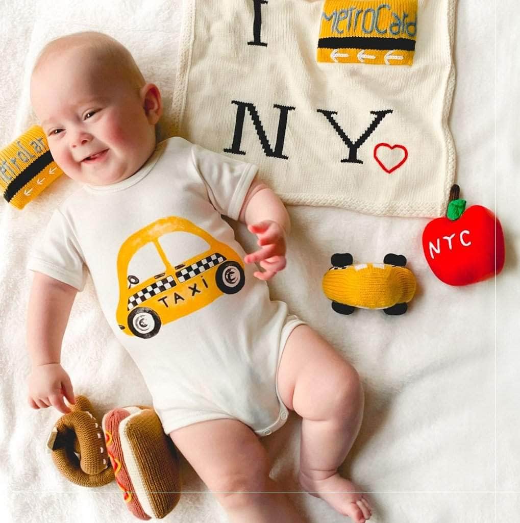 Organic Baby Gift Set - New York Metro-card Blanket, Hat & Apple Rattle - {{variant_option_1}}