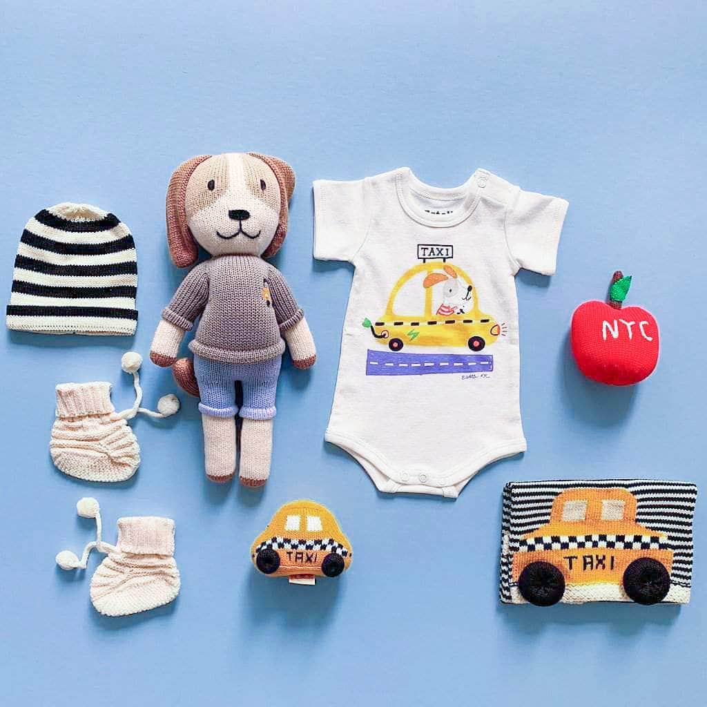 Organic Baby Gift Set - New York Taxi Onesie, NYC Rattle Toys, Knit Doll and Blanket, Baby Hat | Apple, Taxi and Dog - {{variant_option_1}}