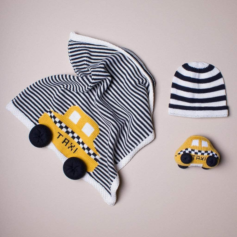 Organic Cotton Baby Gift Set - Yellow Taxi Lovey Blanket, NYC Taxi Rattle & Striped Hat
