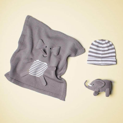 Organic Cotton Baby Gift Set - Newborn's Gray Elephant Rattle & Lovey Blanket