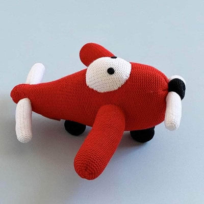 organic airplane baby rattle toy. Red, white and black. 