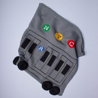 organic baby security blanket subway train. Grey, black, blue, red, yellow, green and white.