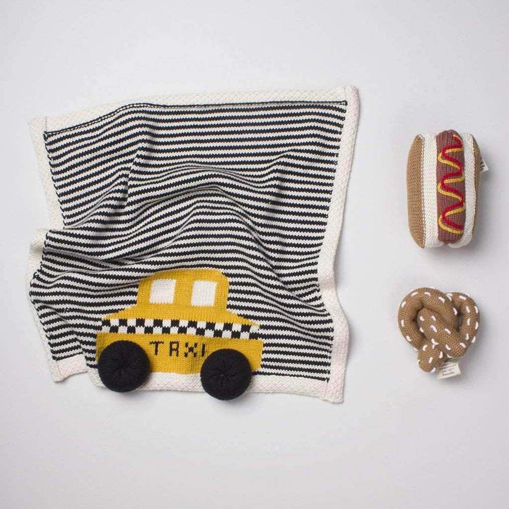 organic transportation blanket taxi, hot dog pretzel gift set. Taxi blanket, hot dog baby rattle, pretzel rattle.