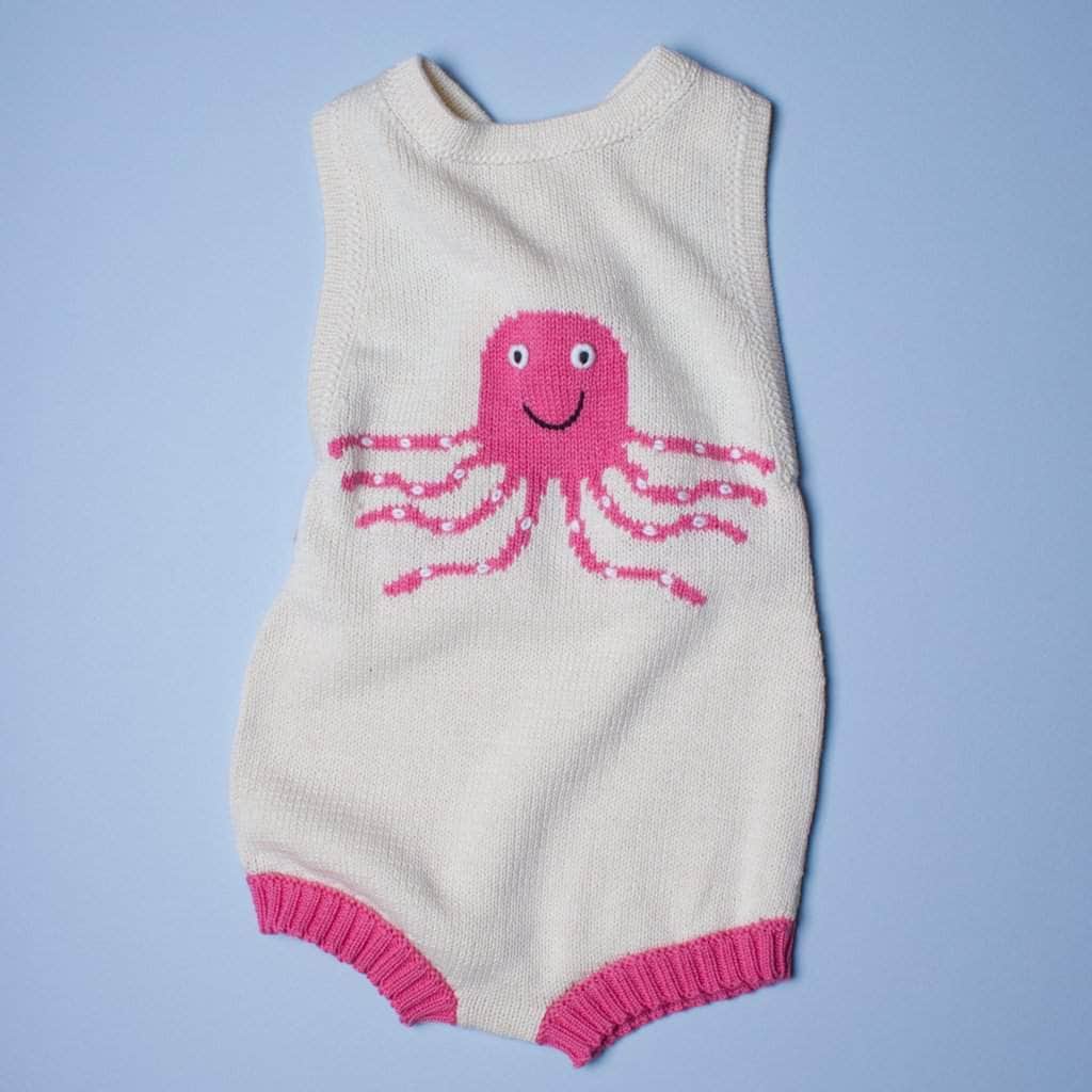 organic pink octopus sleeveless romper with pink octopus image in the front. 