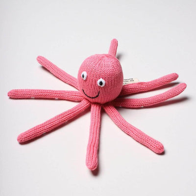 organic knit baby rattle pink octopus toy. 