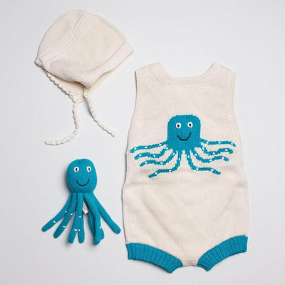 organic sleeveless octopuss romper gift set. Turquoise octopus graphic in the front, bonnet hat, and turquoise octupus ratlle toy.