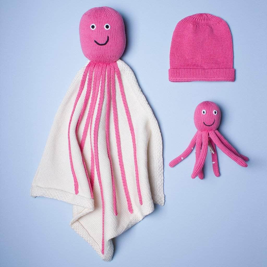 organic pink octopus blanket gift set. Pink octopus blanket, pink hat , pink octopus baby rattle toy. 