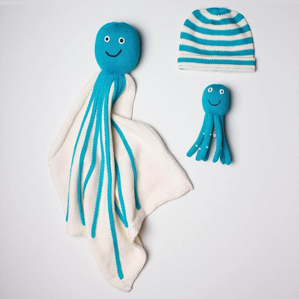 organic turquoise octopus blanket gift set. Turquoise Octuopus blanket,  turquoise octopus baby rattle toy, blue stripes hat.