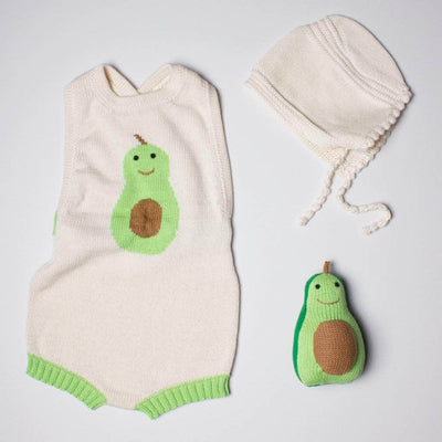 Organic Cotton Baby Gift Set - Sleeveless Baby Romper, Bonnet Hat & Avocado Baby Rattle