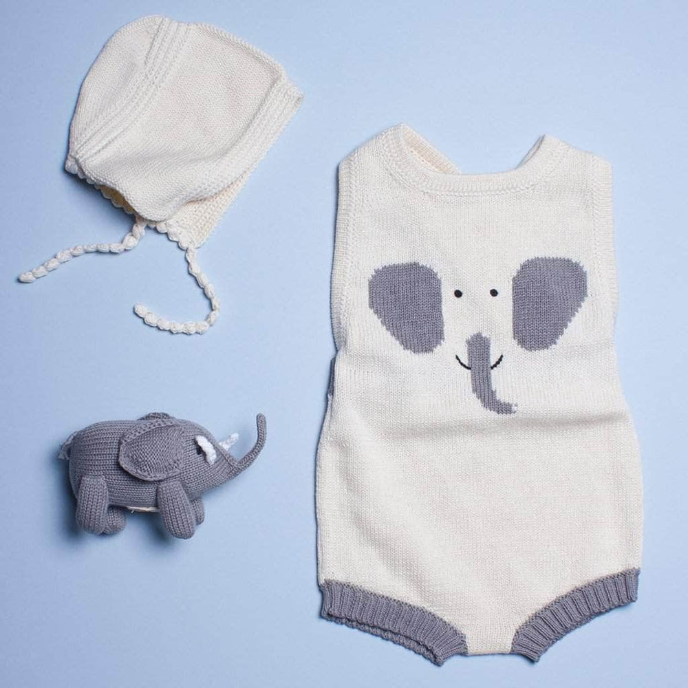 Organic Cotton Baby Gift Set - Elephant Baby Rattle, Organic Baby Romper & Bonnet Hat
