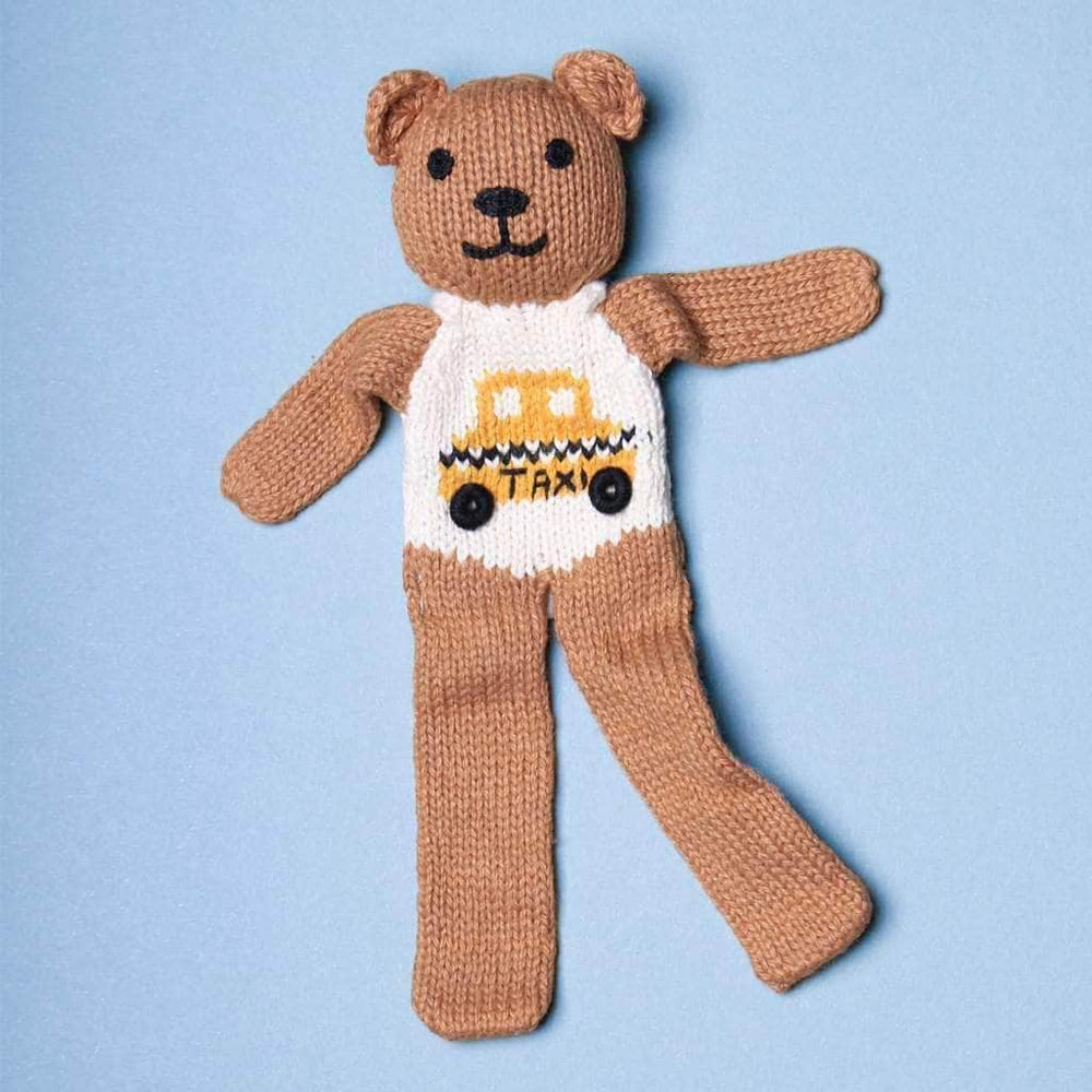 organic baby toy bear soother. Brown, cream, yellow taxi image