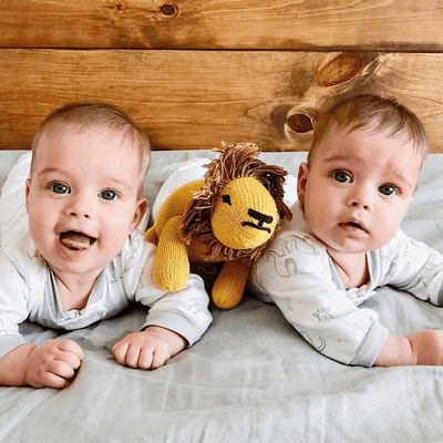 Twin babies with the lion pillow toy sandwiched between them