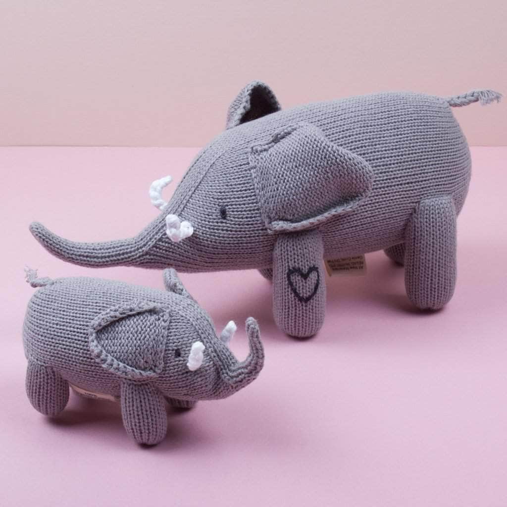 organic stuff toy elephant with baby rattle toy elephant. Grey, white tusk and black eyes.