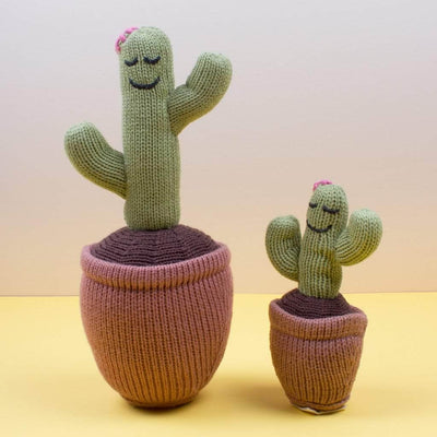 Organic stuff toy cactus with organic baby rattle cactus toy. Green, brown, dark brown, and pink.