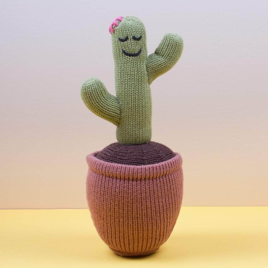 Organic knit stuff toy cactus. Green, brown, dark brown, and pink.