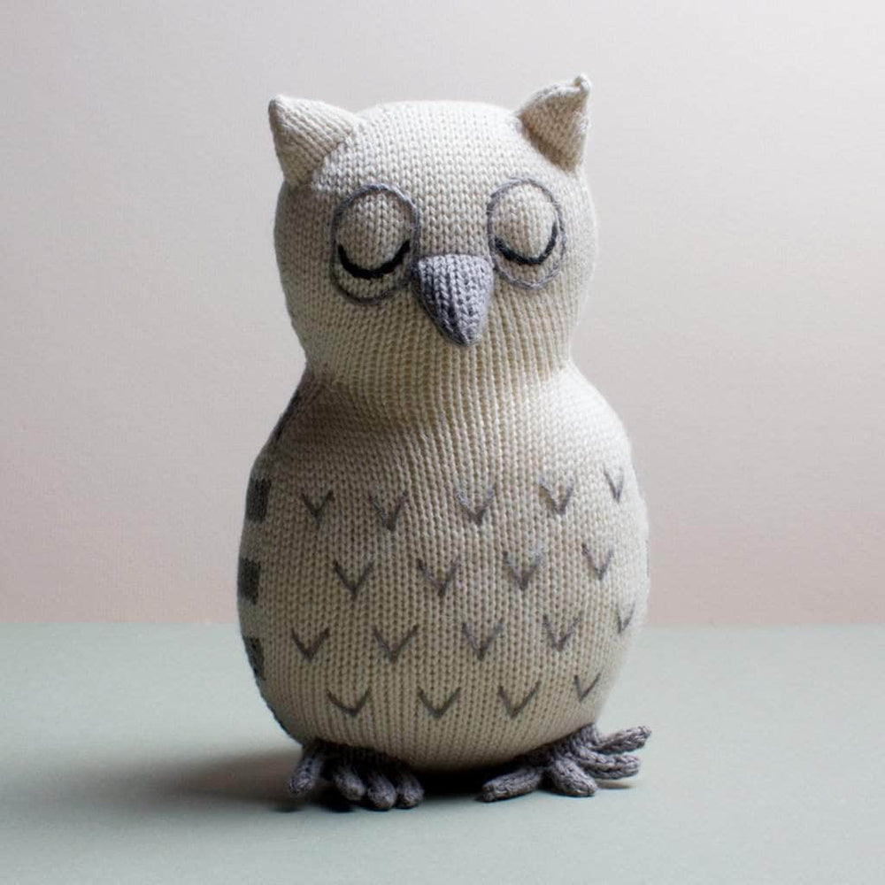 organic knit stuff toy sleeping owl. Grey and cream.