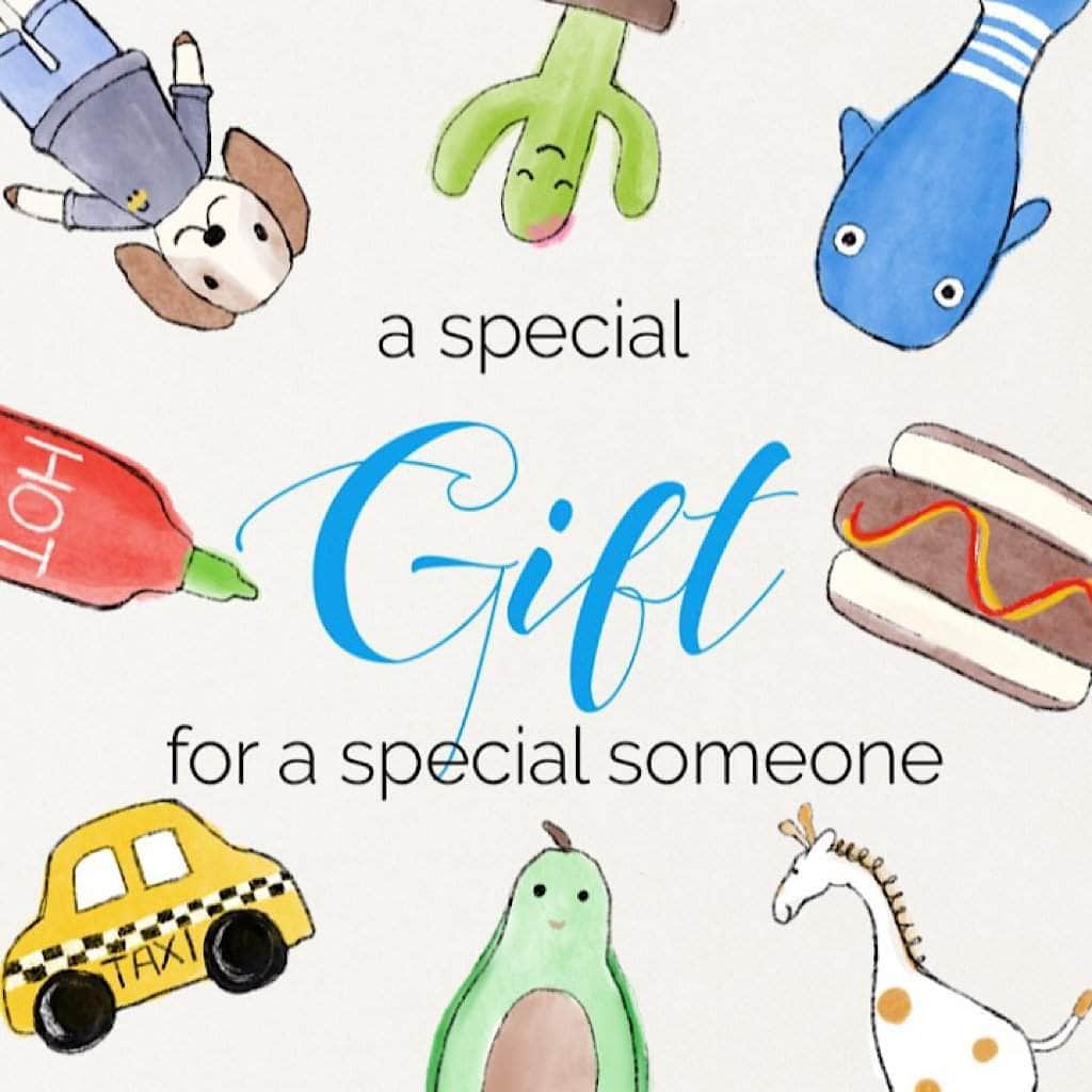 Baby Gift Card with hand-drawn, newborn toy pictures and the words "a special gift for a special someone".