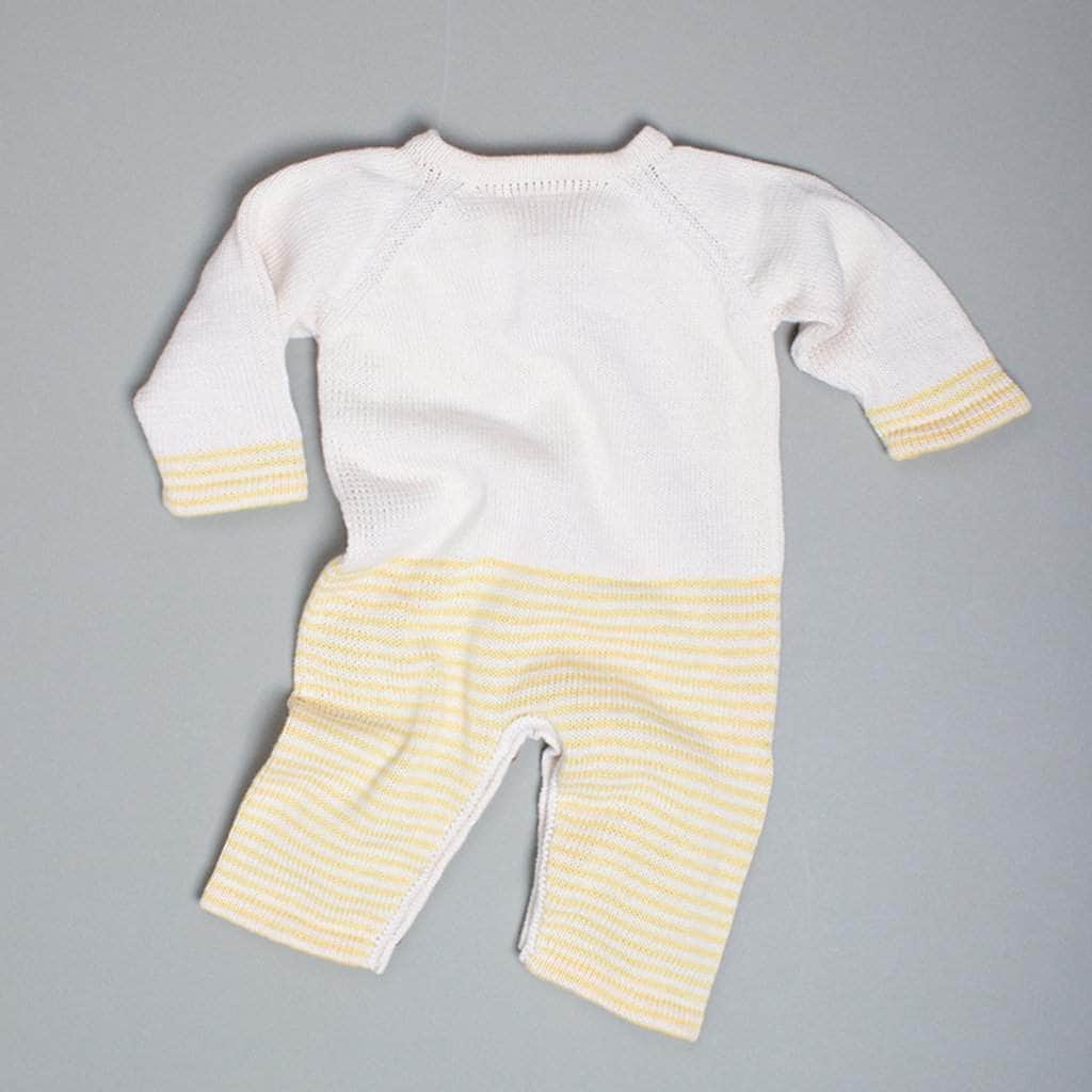 back of the organic long sleeve banana romper. Yellow stripes and cream color.