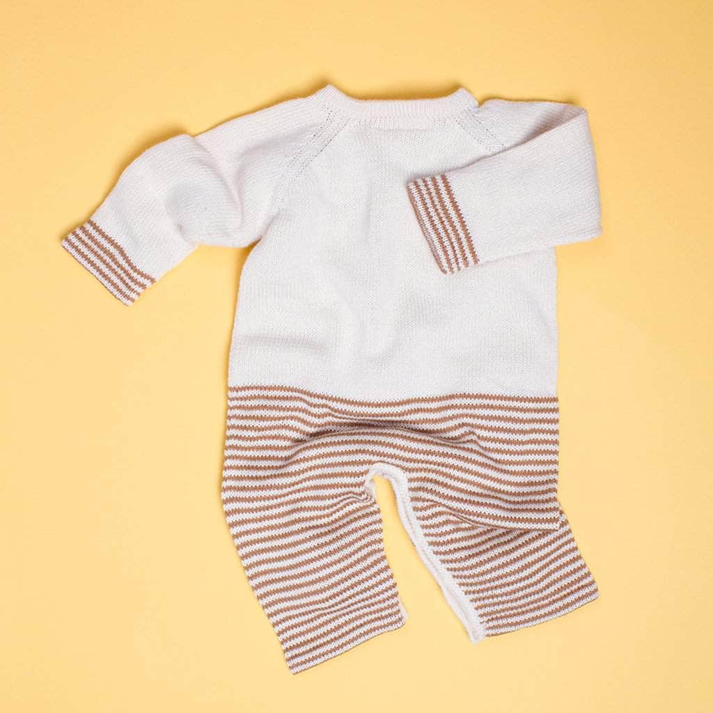 back of the organic long sleeve pretzel romper. brown stripes and cream color.