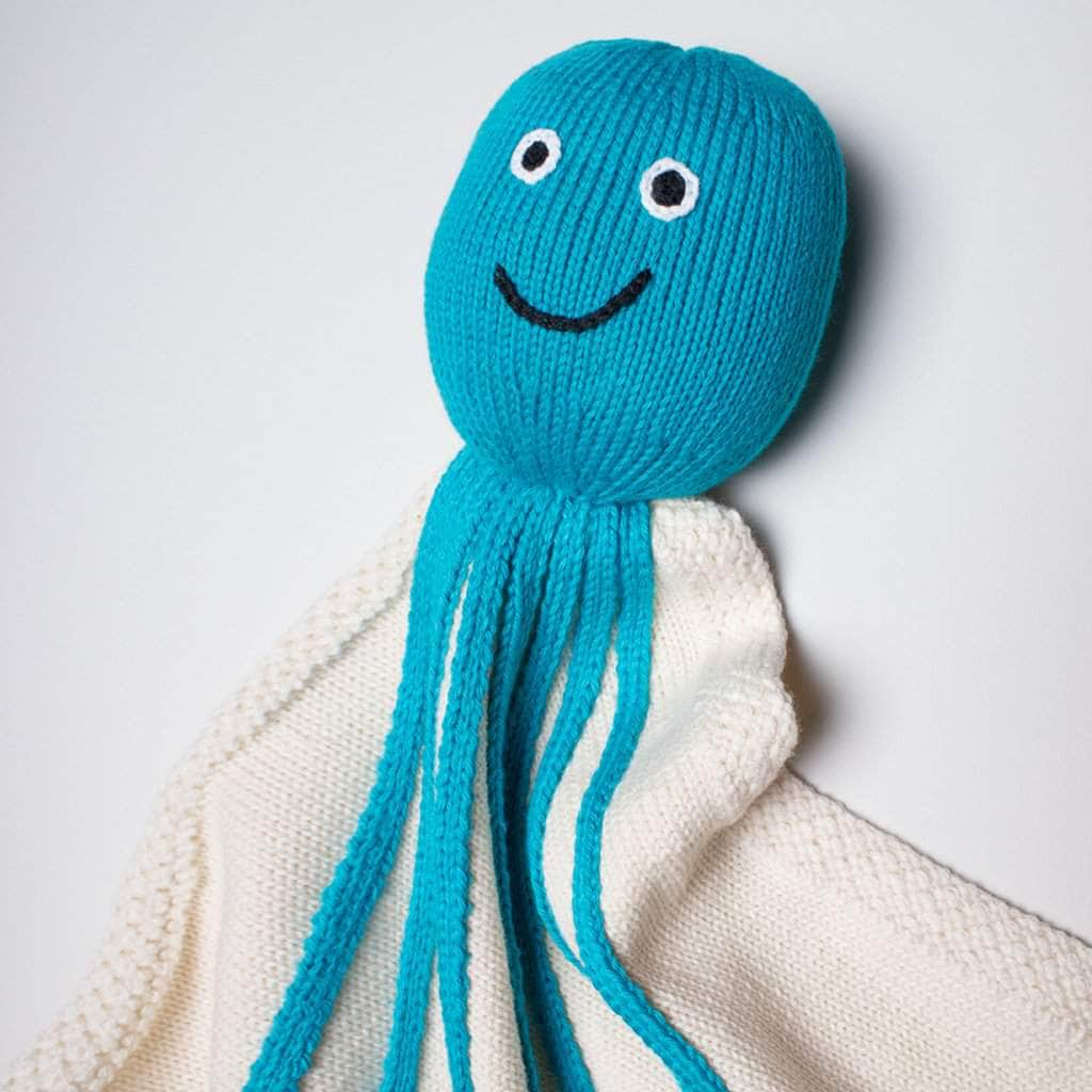 Organic Octopus Baby Security Blanket or Lovey - Turquoise - Smiling Face