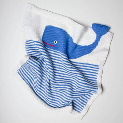 organic security knit blanket. It has whale graphic and blue strips 