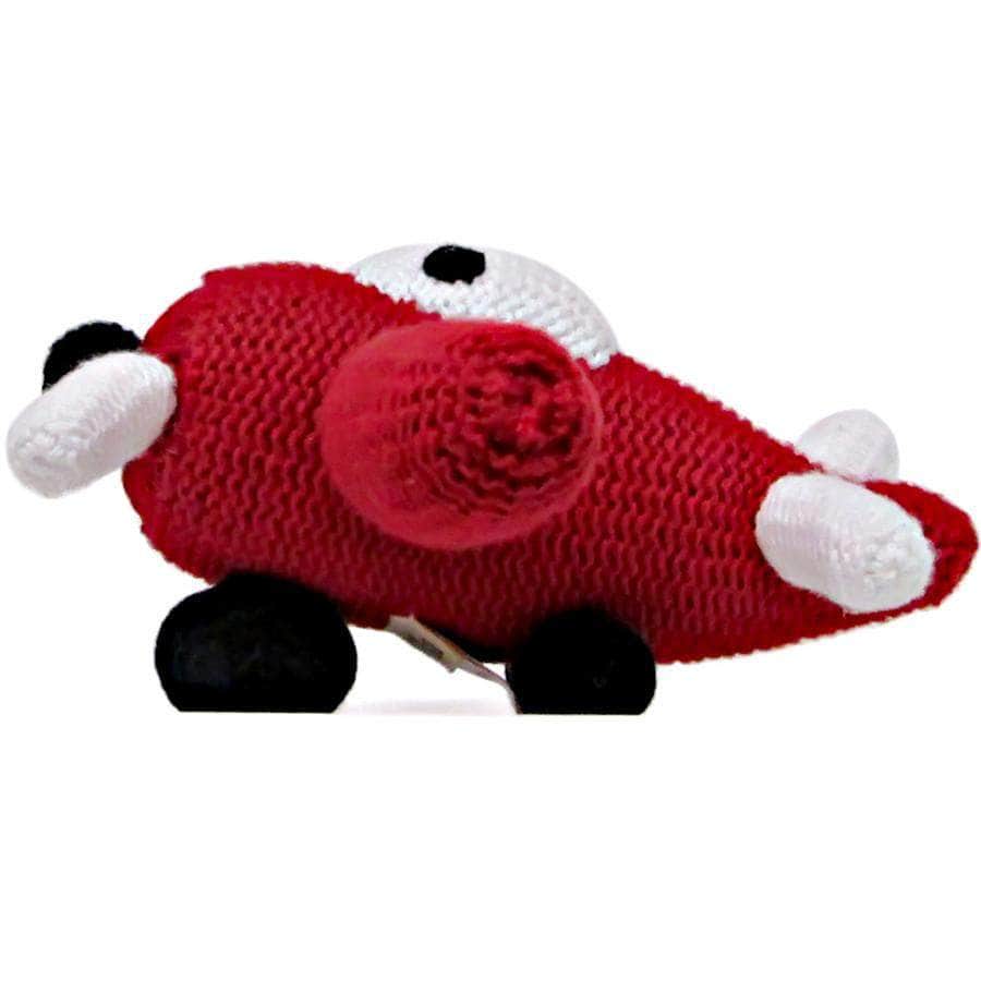 Baby airplane toy rattle. This soft infant gift is knit with red & white organic cotton.