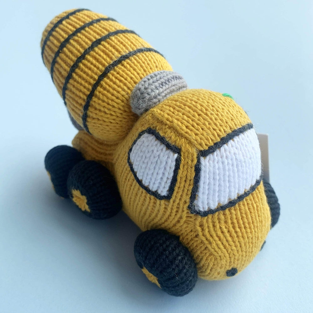 organic knit baby rattle construction mixer truck. Yellow, white, and black.