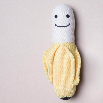 knit organic rattle banana toy. Yellow and white.