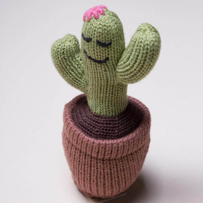 baby organic rattle cactus toy. Green, light brown, dark brown, and hint of pink. 