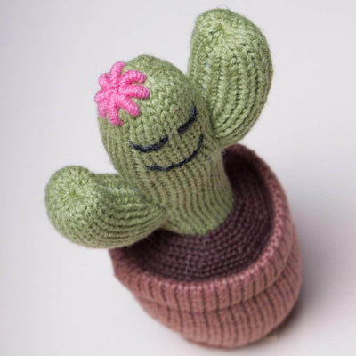 knit organic baby rattle toy. Cactus with green, light brown, dark brown, and pink.