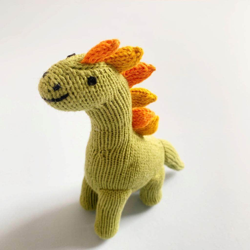 organic baby rattle brachiosaurus toys. Green, yellow, and orange.