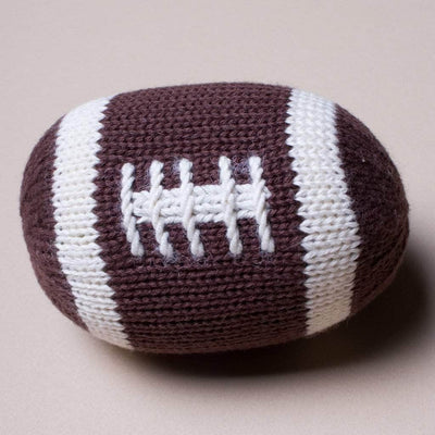 organic knit baby rattle football toy. Dark brown and white.