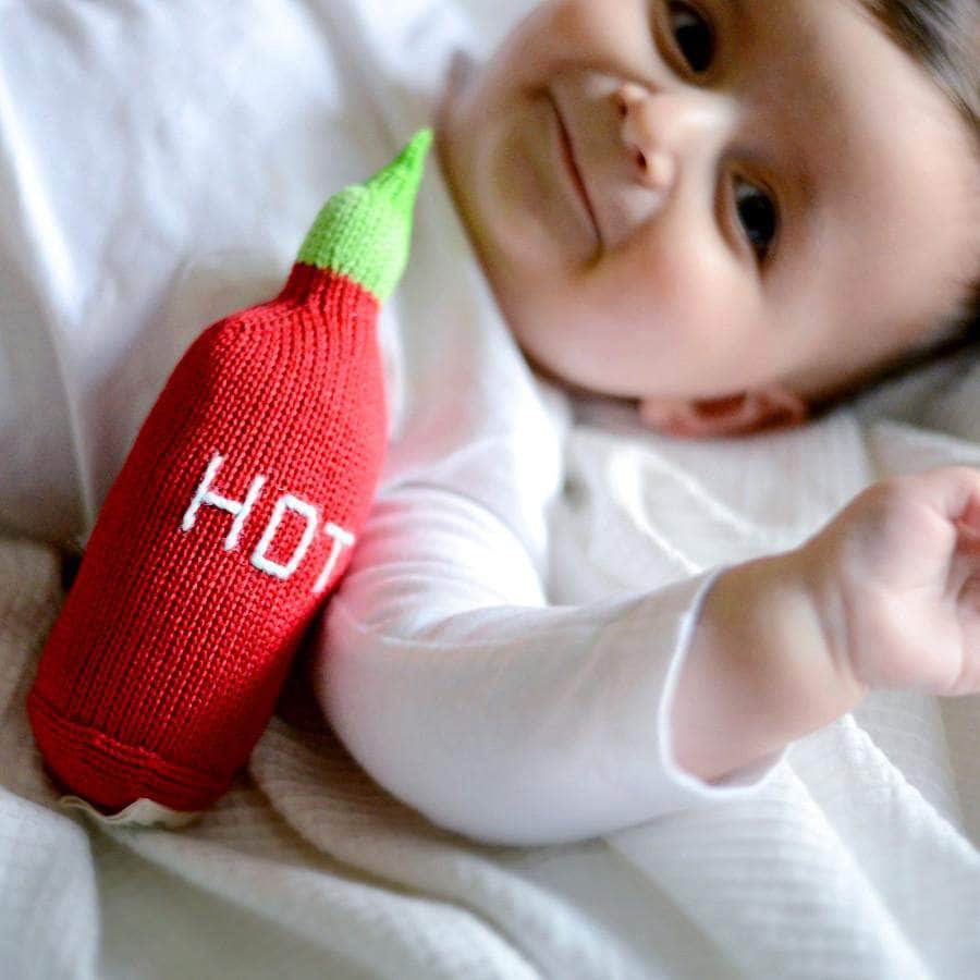 Newborn Toy - Organic Cotton Knit Hot Sauce Shape with Baby Smiling