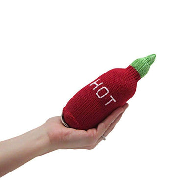 Infant Toy - Rattle in Hot Sauce Shape in Model's Hand