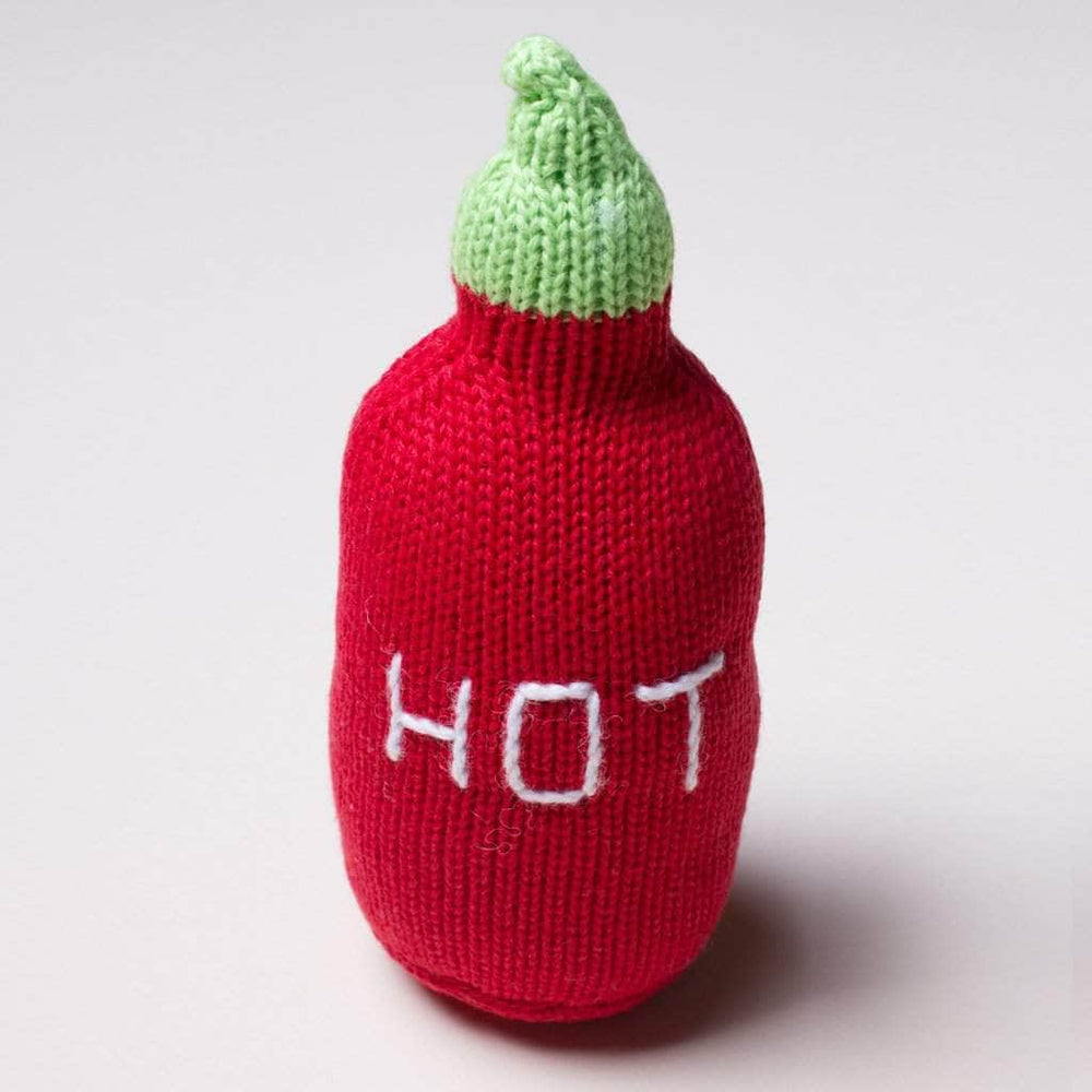 Baby Rattle - Knit Toy Shaped Like Hot Sauce with "Hot" stitched in White in Red background  with a green top