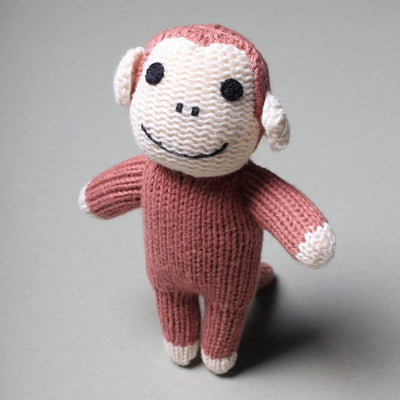 Monkey baby toy. This infant rattle is handmade with organic cotton in brown with a white smiling face.  A perfect complement to a baby gift set!