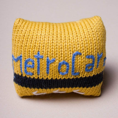 Organic Baby Toy Rattle. New York Metro Card knit newborn toy in yellow, black & blue,