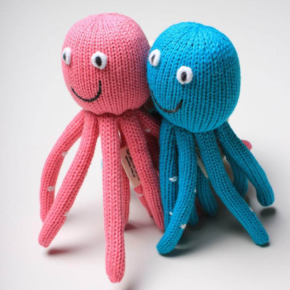 organic octopus knit rattle. Pink with white eyes or turquoise with white eyes. 