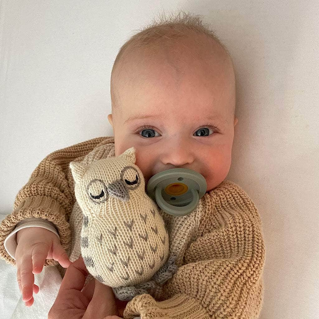 Baby with owl rattle, smiling behind his pacifier