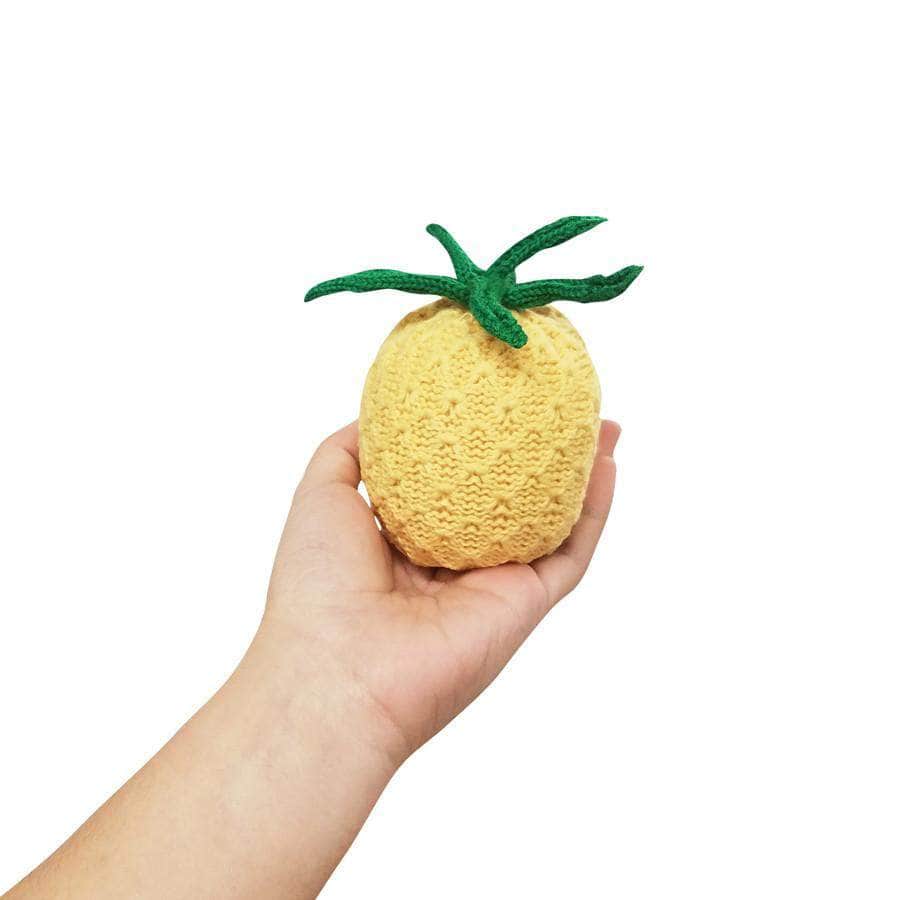 organic knit baby rattle pineapple toy. Yellow and green. 